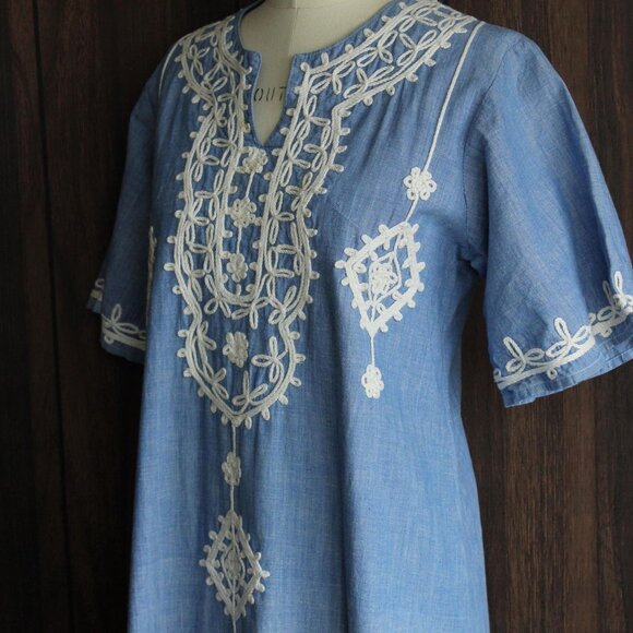 Vintage 1970s Caftan Dress, Blue Maxi Dress with White Embroidery, Traditional - Picture 8 of 10